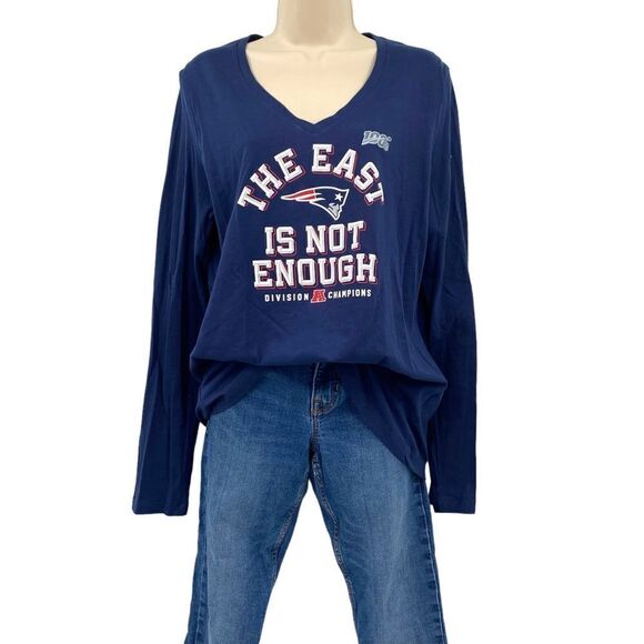 Patriots Football Navy Long Sleeve V-Neck Tee Size L - Picture 2 of 6